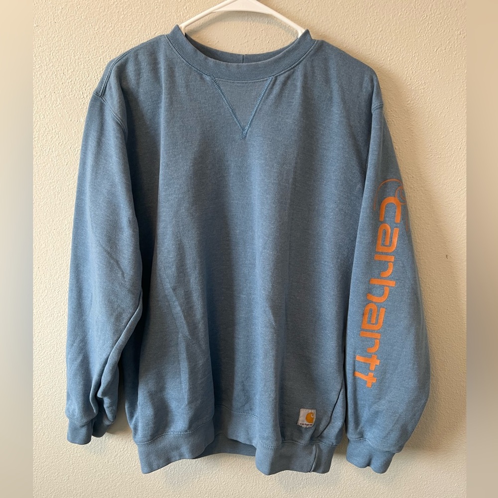 Carhartt Crewneck Sweatshirt Blue Loose Fit Rugged Logo Sleeve Workwear Outdoor